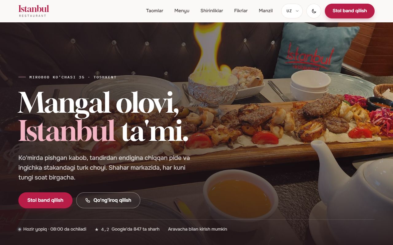 Istanbul restorani saytining bosh sahifasi